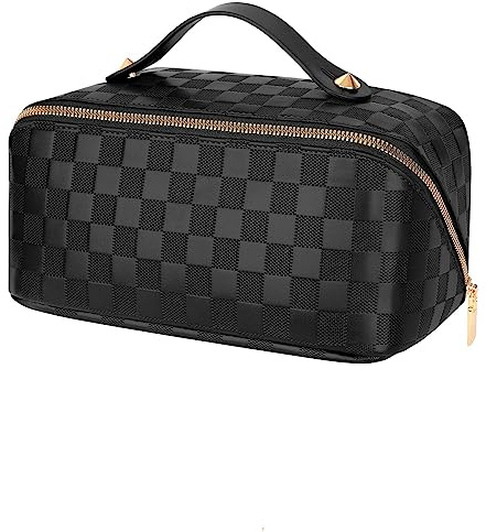 Hurluksi Make-up-Tasche, PU-Reise-Kosmetiktasche, große Kapazität, Kosmetiktasche, tragbarer Reißverschluss, Schwarz , Modischer Gittertyp