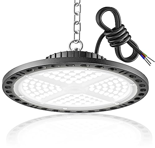 YIQIBRO LED Hallenstrahler Garagenbeleuchtung 100W 1 Stücke - 10000LM LED UFO Hallenbeleuchtung mit 11.8in Metallkette, Treiber, 6500K IP65 Werkstatt Deckenleuchte für Lagerhalle Fabriken