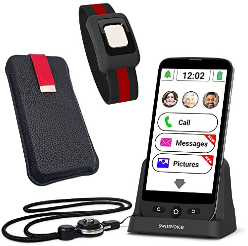 SWISSVOICE S510-C - Telefono cellulare per anziani con Dock Station SOS e cordino - Big Button Mobile Phone - Smartphone sbloccato senza SIM per anziani - Pulsante SOS nero