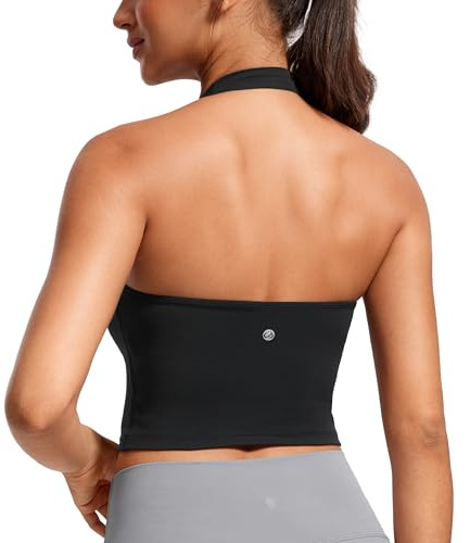 CRZ YOGA Butterluxe Halter Crop Tank Tops for Women - Open Back Padded Longline Sports Bras Workout Gym Black Small