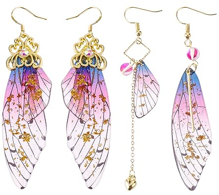 2 Paar Schmetterling Ohrringe Schmetterlingsflügel Feenflügel Ohrringe Goldfolie Simulation Insekt Feen Flügel Ohrringe Wing Foil Asymmetrische Elfen Ohrringe Damen Mädchen Earrings Aesthetic