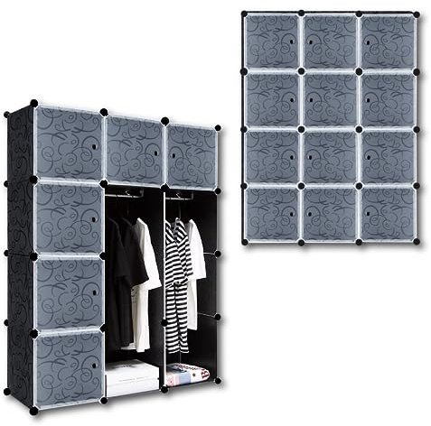 SUBTLETY Regalsystem Kleiderschrank PP Kunststoff Würfelregal mit Türen 105x35x140cm DIY Garderobenschrank Steckregal Aufbewahrung Boxen von Kleidung Schuhen Büchern Spielzeug (Schwarz, 12 Fächer)
