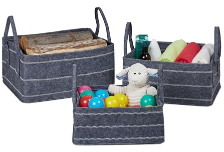Relaxdays Aufbewahrungskorb, 3-TLG. Set, versch. Größen 10, 17 und 25 l, Filztaschen mit Tragegriff, dunkelgrau/weiß