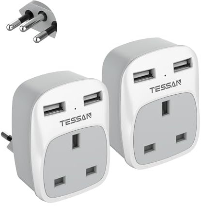 Brazil Power Adapter Travel Plug 2 Pack, TESSAN UK to Brazilian Power Adaptor with 2 USB Charging Ports, Type N Plug for UK to Brazil
