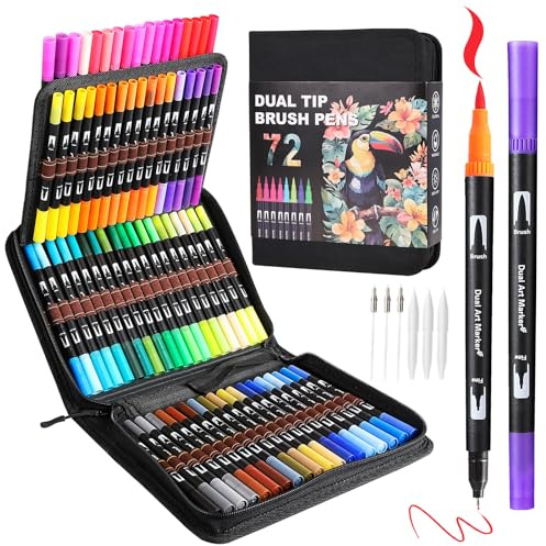 TOSHARE Art Markers Pens Dual Tip Coloring Markers Set with Brush & Fine Nib for Adult Coloring Book Brush Pens Professional Calligraphy & Drawing Art Supplies Kit for Adults (72 Colors)