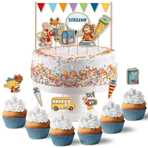 Papierdrachen Cake Topper Superhelden Tiere - Kuchendekoration Kuchenstecker 19-teilig - Decor Pins für Einschulungskuchen - Einschulungsfeier Tortendeko