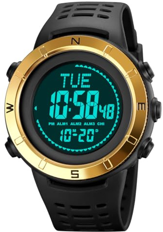 TONSHEN Herren Outdoor Elektron Kompass Countdown Digital Uhren 50M Wasserdicht LED Double Zeit Militär Sportuhr Plastik Lünette mit Silikon Band Armbanduhr