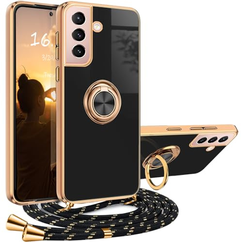 XCYYOO Hülle kompatibel mit Samsung Galaxy S21 Plus Hülle mit Band mit 360 Grad Ring Ständer Luxuriös Galvanisierte Kratzfest Schutzhülle Silikon Bumper Stoßfest Case Dünn Handykette