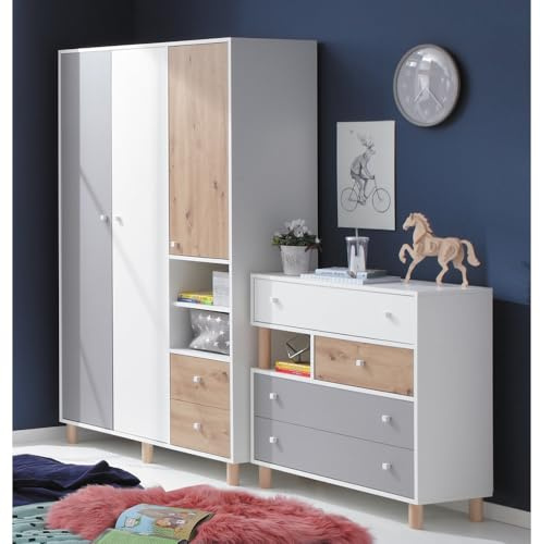 Lomadox Jugendzimmer Set 2-teilig mit 1 Kleiderschrank, 1 Kommode in weiß mit Eiche und grau