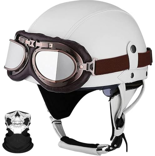Deutsche Leder Motorrad Halbhelme Mit ECE, Vintage Helme Jethelm Retro, Chopper Helm, Scooter-Helm, Fahrradhelm, Mit Sonnenblende Und Herausnehmbares Innenfutter Mit Schutzbrille E,S 53-56 cm
