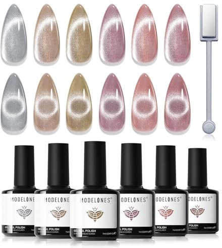 Modelones Vernis Semi Permanent,Vernis Gel UV Semi Permanent Oeil de Chat Gel Paillettes Rose Argenté Nude 6 Couleur Cat Eye Vernis à Ongles Soak Off Gel Polish French Manucure Adapté au Été Fête