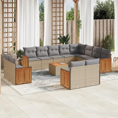 Rantry 13-TLG. Gartenmöbel Set mit Kissen Gartensofa Gartenlounge Balkonmöbel Loungesofa Rattansofa Ecklounge Ecksofa Sitzgruppe mit Gartentisch Loungemöbel Beige Poly Rattan