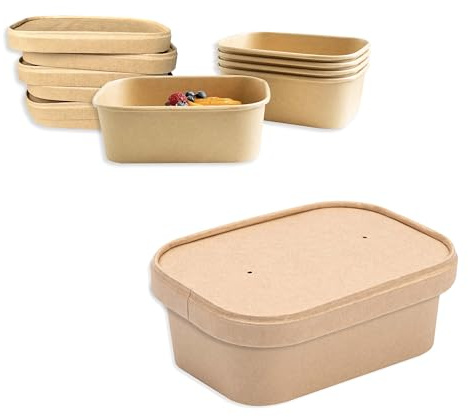 ECOPICNIC Ensaladera Rectangular de Papel Kraft con Tapa Kraft 50 Unidades 750 ml | Envases Desechables de cartón Kraft con Tapa, Ideales para ensaladas, Comidas para Llevar y Aperitivos