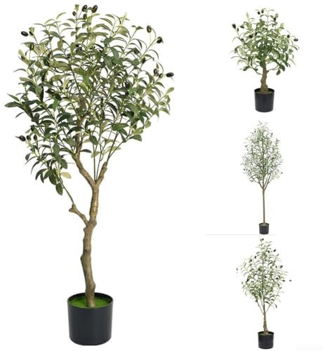 Árbol de olivo artificial grande, ramas de olivo artificiales, planta de imitación verde en maceta para el hogar, oficina, sala de estar (D-120 cm)