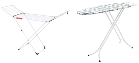 Vileda Extra X-Legs Clothes Airer, Indoor Clothes Drying Rack with 20m Washing Line, White & PIFCO Adjustable Medium Ironing Board - 110 X 34cm Folding Ironing Board - 100% Cotton Cover - Grey