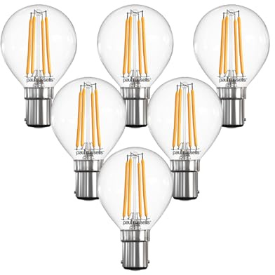 paul russells Dimmable Filament Golf Ball LED Bulbs, Small Bayonet Cap, B15, SBC, 4.5Watt 470LM G45 40w Equivalent, Mini Globe 2700K Warm White, Energy Saving, Decorative Chandelier Lamps, Pack of 6