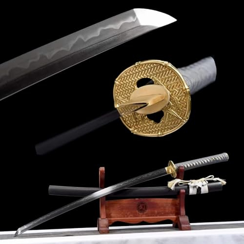 KWXPW Handgefertigtes Katana mit Holz Saya und Kupfer Tsuba,Musterstahl Klinge mit handgebranntem Drachenklauen Muster,103cm Samuraischwerter für Cosplay,Dekoration,Geschenke,Sammeln,Ausstellen