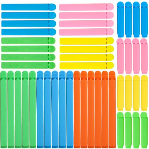benlidoner 48 Pcs Reusable Food Bag Clips | Plastic Sealing Bag Clip in 3 Sizes & 5 Colours, Food Storage Clips for Sealing Snacks Sandwich Food Coffee
