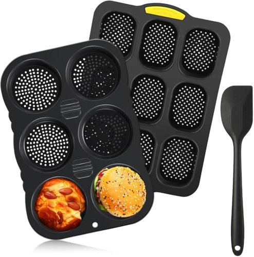 Yuattory Set di stampi per pane francese e pane per hamburger in silicone con spatola antiaderente, piastra di cottura di 9 tazze, stampo per pane di hamburger da 6 tazze