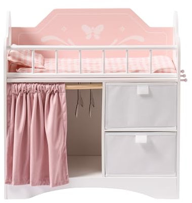 ROBUD Puppenbett Holz, Spielzeug Puppen Bett mit Kleiderschrank, Bettwäsche, Stauraum & Haken, Puppenbett für Puppen bis 53 cm, Geschenke für Mädchen ab 3 Jahren (Rosa)