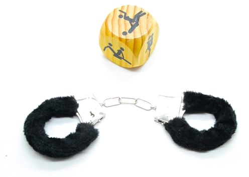 BETTER WITH FRIENDS Schwarze Handschellen und Würfel, XXL, 6 cm, Polizei, Krankenschwestern, Arzt, Sicherheitsbeauftragte, Kostümzubehör, aus Metall mit Plüsch.