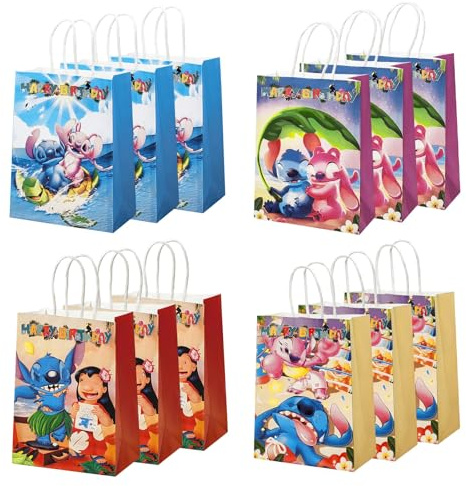 12 Stück Party Geschenktaschen mit Henkel, Kinderparty Süßigkeiten Tüten, Bunt Geschenktüte Partytüten Candy Tüten zum Befüllen mit Spielzeug Mitgebsel, Kindergeburtstag Ostern Party