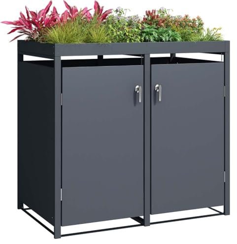 SCHARTEC Mülltonnenbox 2er anthrazit mit Pflanzendach erweiterbar 240l Mülltonnenverkleidung mit Pflanzenkasten Mülltonnen Sichtschutz Unterstand für 2 Tonnen