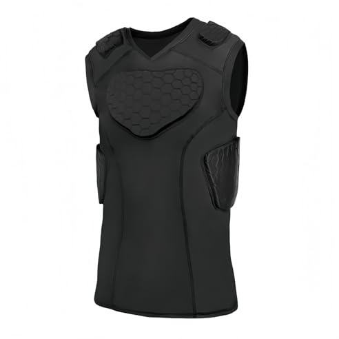 Topeter Padded Compression Shirts with Chest, Rib, Shoulder & Back Protector for Football, Baseball, Softball, Hockey, Rugby S Black