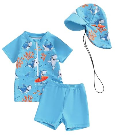 WYTbaby Costume da bagno per neonato, due pezzi, Uv Vestiti per bambini a maniche corte Uv Abbigliamento protettivo per bambino con cappello da sole, Blu, 2-3 anni