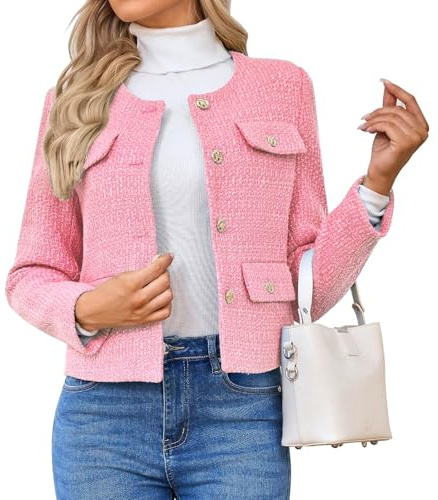 HUEOBIR Women's Tweed Blazers Jackets Casual Long Sleeve Button Down Business Short Casual Cropped Coats(Light Pink-M)
