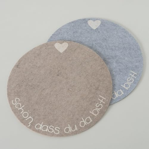 mucHome Filz Tisch-/Sitzkissenset 2er oder Untersetzer 2er Set 6teilige SCHÖN, DASS DU DA BIST! Herz-Design Grau Beige Tischset (Tischset 2er 38 cm Durchmesser)