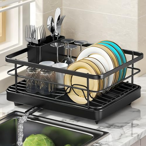 Home-X Dish Drainer Rack with Drip Tray, Black Space-Saving Dish Drying Rack with Utensil Holder and Draining Board, Large Capacity Stainless Steel Draining Board Rack for Kitchen Counter