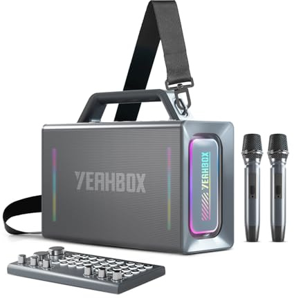 YEAHBOX Thunder 500 Enceinte Bluetooth Karaoké avec 2 Micros sans Fil, 200W Max, Batterie 20000mAh, IP66 Étanche, TWS Stéréo, Table de Mixage DSP, Lumières RGB, Enceinte Portable pour Soirées