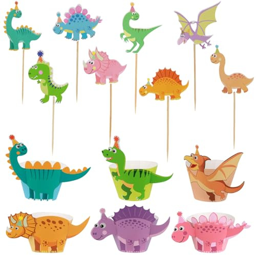 48 Stück Dino Cupcake Wrapper Set, Dino Geburtstag Deko für Kindergeburtstag, Baby Shower, Partydekoration, für Torten und Muffins
