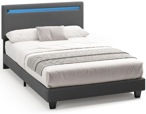 Blishom Letto imbottito 120x200cm con luce LED, Letto a piattaforma imbottito, Struttura in ferro, Testiera imbottita, Bse robusta, Adatto per camere degli ospiti (Grigio scuro)