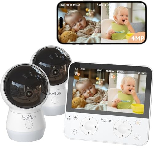 BOIFUN 4MP Babyphone mit 2 Kameras App, Split-Screen-Ansicht, KI/Weinen/Bewegungs/Geräuscherkennung, Intelligente Nachtsicht, Automatische Verfolgung, PTZ 345°/65°, 5.5 Video Babyfon WLAN