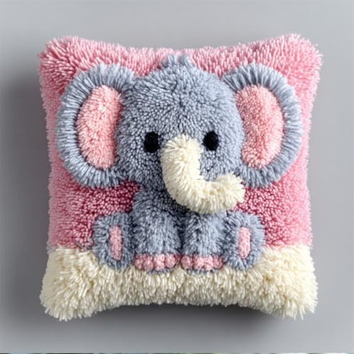 kitphoenix Diy Crochet À La Main Kits, Kits De Coussins Avec Crochet, Bébé Éléphant,43×43Cm Kit Tapis Point Noué À Faire Pour Débutants,Adultes Ou Enfants,Latch Hook Canevas Coussin Point