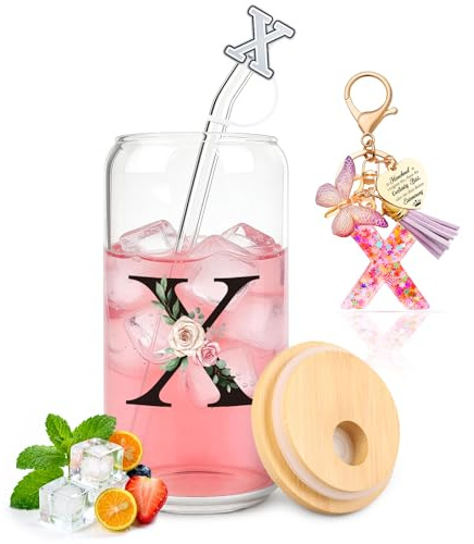 TUZELIYA X Letras Vaso de Vidrio con Tapa y Pajita Regalos Personalizados para Mujeres para Cumpleaños, Navidad, Día de San Valentín