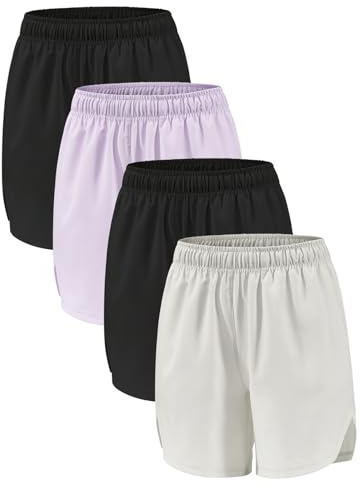 Orrfreer 4 Pack Girls Athletic Shorts,Sports Shorts 6-14 Years Teen Kids Running Cycling Basketball Short for Girls with Drawstring & Pockets