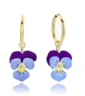 Emaille Stiefmütterchen Creolen Veilchen Blumen vergoldete Ohrringe handbemalte Blüten (Vergoldetes Kupfer (Gold))