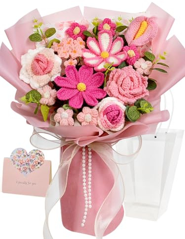 Wishwell Pop Crochet Flowers Bouquet - Crochet Rose Gesang Calla Lily Knitted Flower for Mother's Day, Valentine's Day, Birthday, Graduation, Gifts for Mom, Friends, Lovers, Pink
