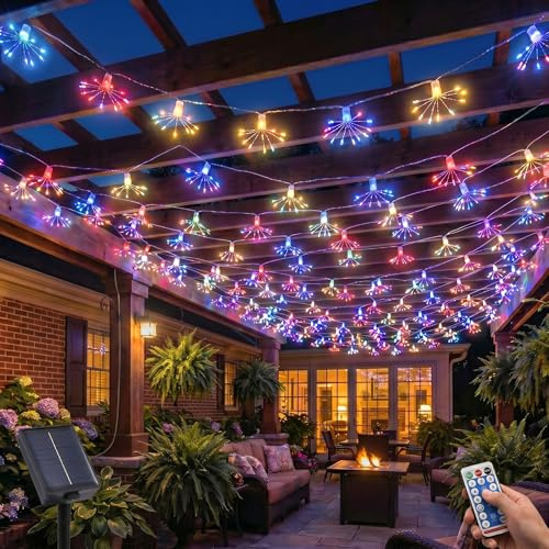Tomshine Solar Feuerwerk Lichterkette Außen 2 Stück 100 LED Bunt Timer | Flexible Kupferdraht Solarleuchten im 2er Set, 8 Leuchtmodi mit Timer, 800mAh Solar Akku, Wetterfest für Garten Deko