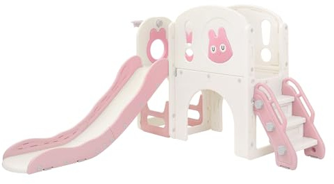 Joyz Barnrutschkana med lektorn, lekplats med tornrutschkana trappor basketkorg teleskopisk, lekset klätterställning, inomhus utomhusleksak, lekutrustning för småbarn från 3 år, rosa