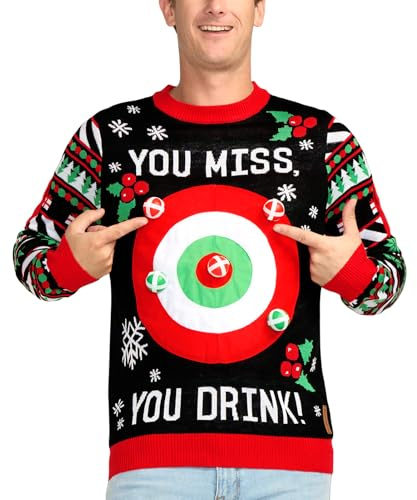 Tipsy Elves Men's Ugly Christmas Sweaters - Funny and Tacky Embellished Christmas Sweaters for Men - Black Drinking Game Interactive Christmas Sweater with Adhesive Ping Pong Balls Size Large