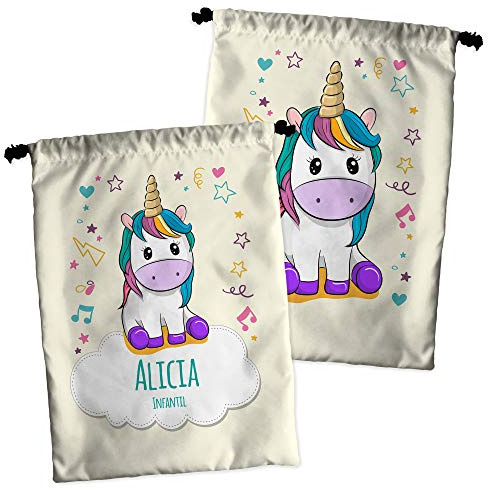 LolaPix Bolsa merienda infantil. Regalo personalizado con nombre. Bolsa merienda personalizada. Varios diseños. UNICORNIO