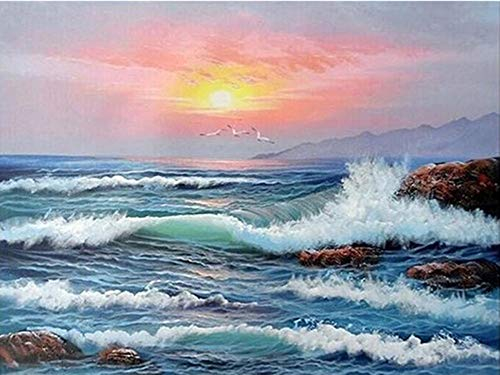 YEESAM ART Neuheiten Malen nach Zahlen Erwachsene ab 14 Jahre, Sonnenuntergang Meereswellen 40x50 cm Leinen Segeltuch, DIY ölgemälde Weihnachten Geschenke (Sonnenuntergang, Ohne Frame)