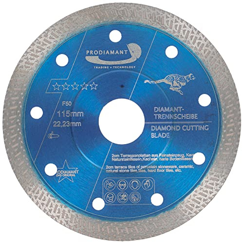 PRODIAMANT Profi Diamant-Trennscheibe 115 mm x 22,2 mm Fliese Feinsteinzeug F50 extra dünn für bis zu 20mm Plattenstärke
