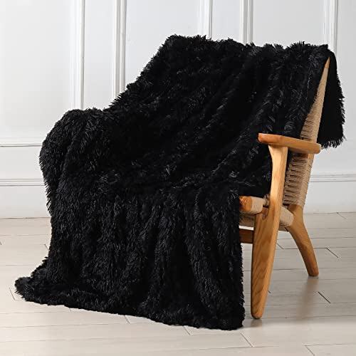 Tuddrom Decorative Extra Soft Faux Fur Throw Blanket 50 x 60,Reversible Fuzzy Long Hair Shaggy Throw Blankets, Fluffy Cozy Plush Fleece Comfy Microfiber Fur Blanket for Couch Sofa Bed, Black