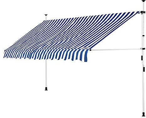 DETEX® Klemmmarkise 350 cm breit Höhenverstellbar Handkurbel UV-beständig Ohne Bohren Wasserabweisend Balkonmarkise Markise Balkon Terrasse Blau Weiß