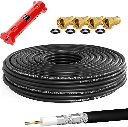 HB-DIGITAL 10m câble coaxial Sat HQ-135dB Pro INCL. Pince à dénuder + 4 fiches F plaquées Or | d'antenne Satellite Quadruple blindé pour systèmes Radio BK DVB-S/S2 DVB-C/C2 DVB-T/T2 Dab+. Noir